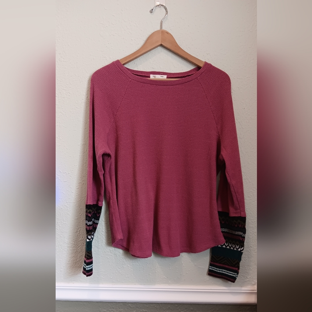 Pink Knit Waffle Thermal Long Sleeve Top with Patterned Cuffs